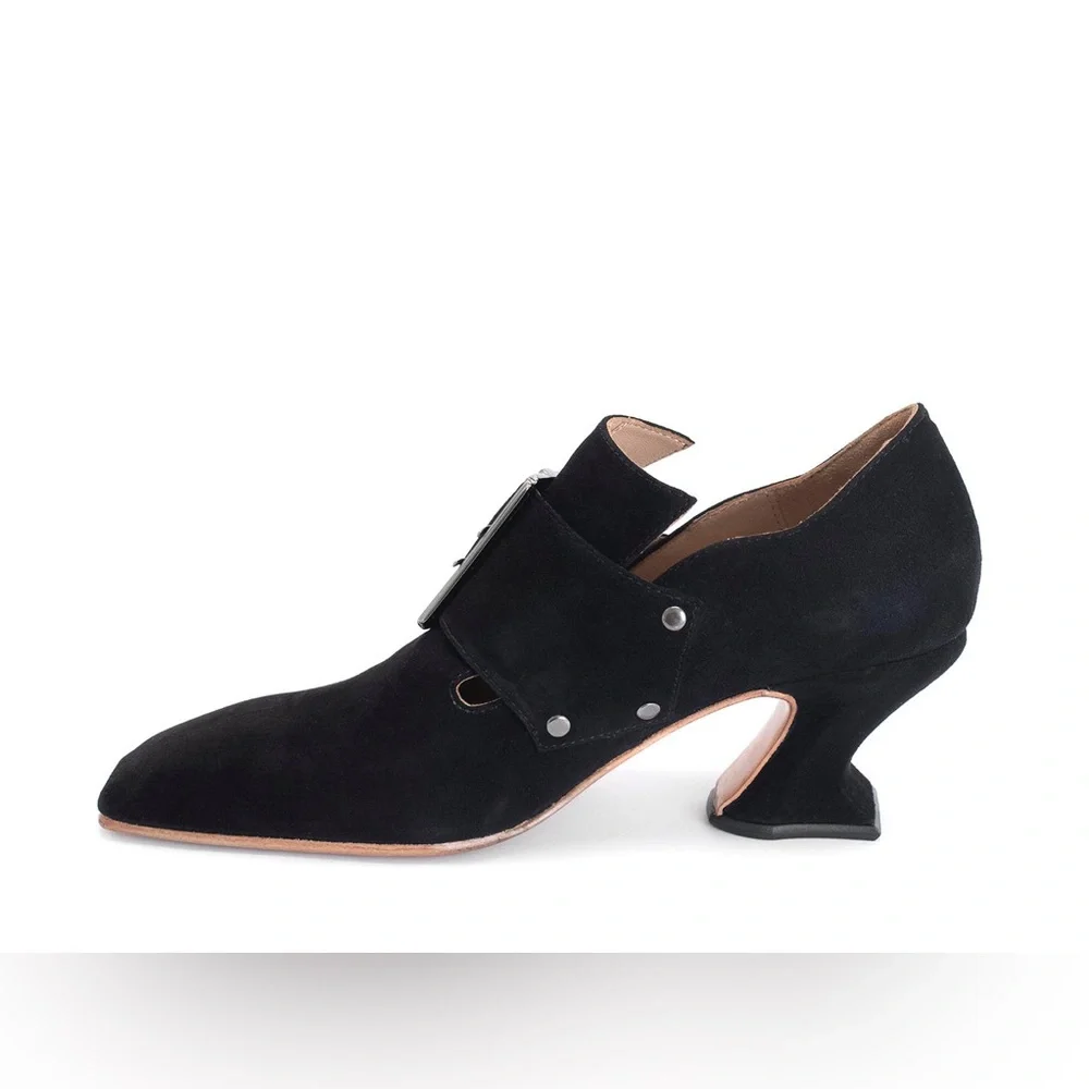 John Fluevog Black Suede Bishop Buckled Heels sz 10.5 EUC whimsigoth loafers - Picture 3 of 16